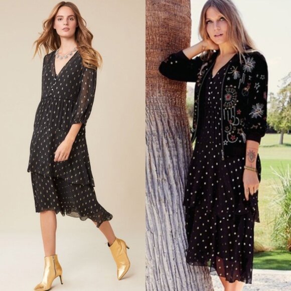Sz M Johnny Was Love Raja Tiered Sheer Midi Dress Clip Dot Black Gold Dots - Picture 1 of 17